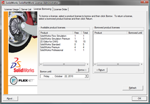 The new License Borrowing tab in the SolidWorks SolidNetWork License Administrator